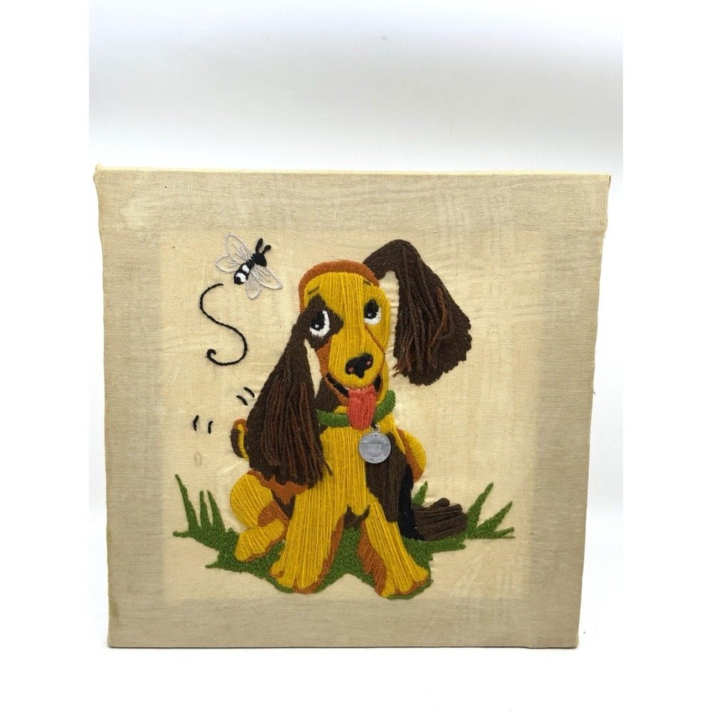 Vtg Crewel Dog With Tag And Floral Needlework Artwork Framed